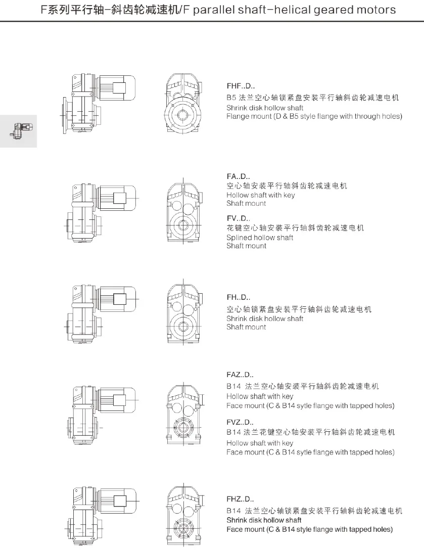 Versions of F-series parallel shaft helical gear motors