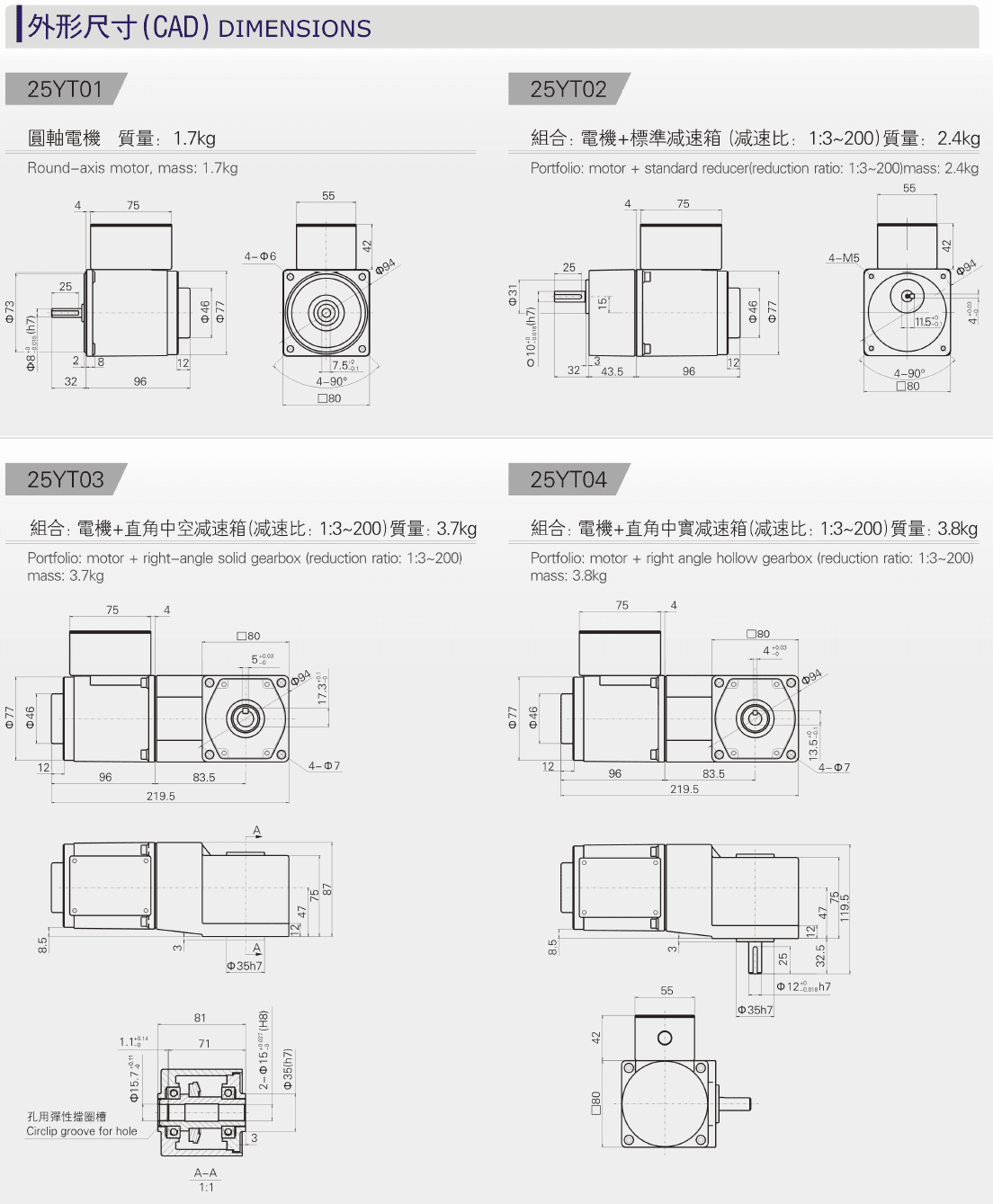 Dimensions of 25W Micro AC Motor