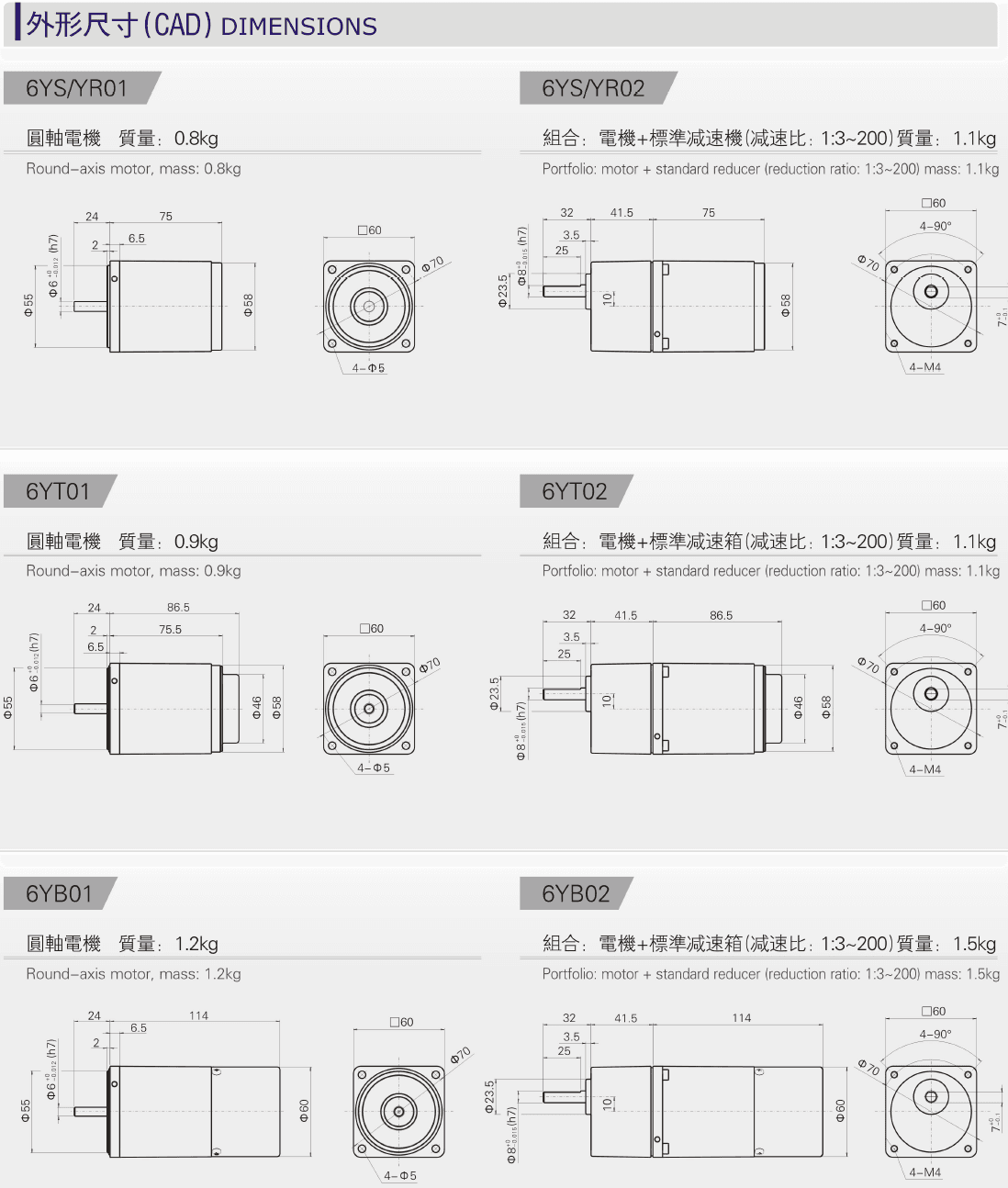 6W miniature AC motor, various models, external dimensions