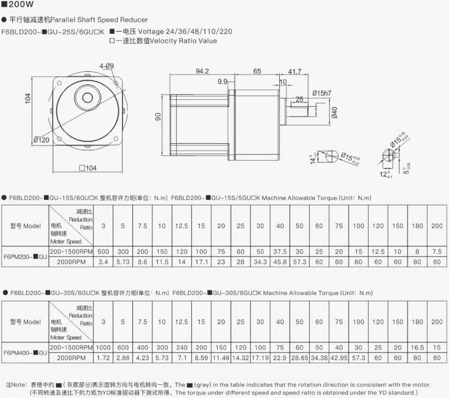 104 series DC brushless reduction motor - parallel axis reduction motor - external dimensions and motor parameters