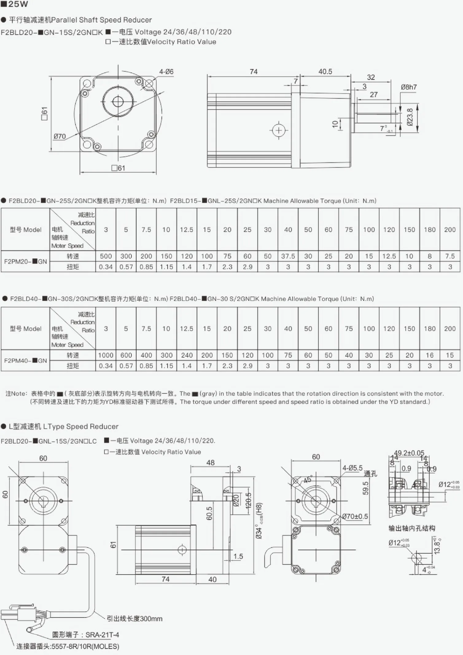 60 series DC brushless reduction motor - Dimensions and parameters of parallel axis reducer and L-shaped reducer