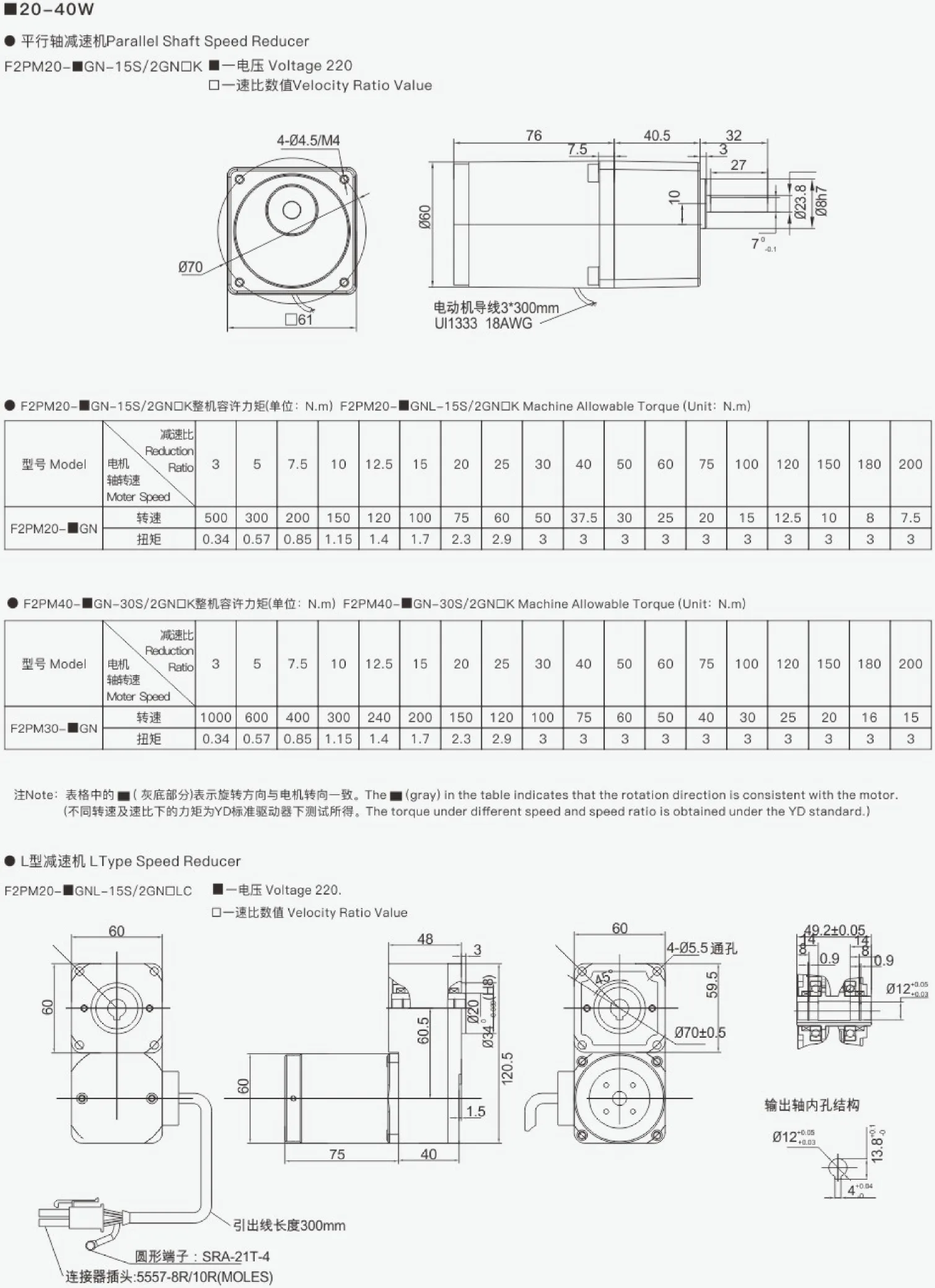 Appearance and Dimensions of 20-40W60 Series AC Permanent Magnet Synchronous Motor