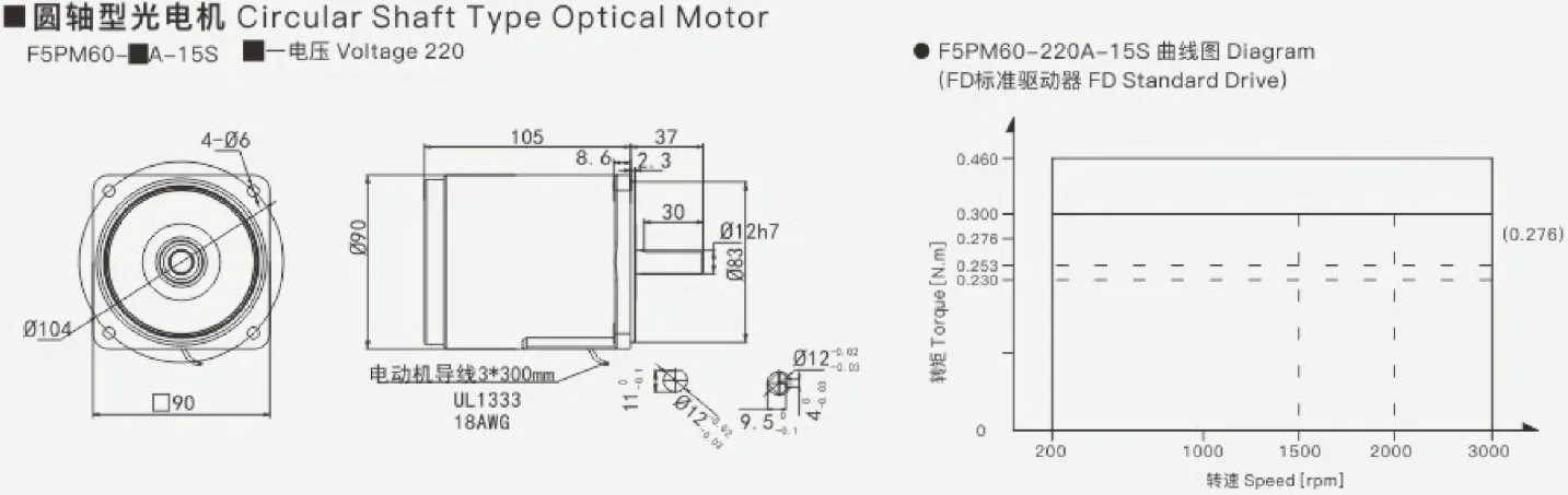 Outline dimension drawing of 90 series AC permanent magnet synchronous motor - circular shaft optical motor