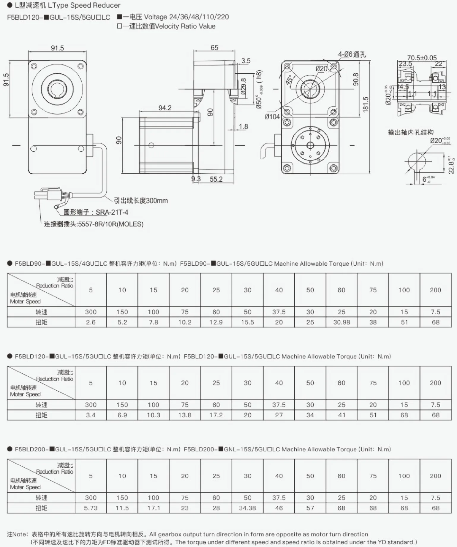 90 Series DC Brushless Gear Motor - L-type Gear Motor Outline Dimensional Drawing and Parameters