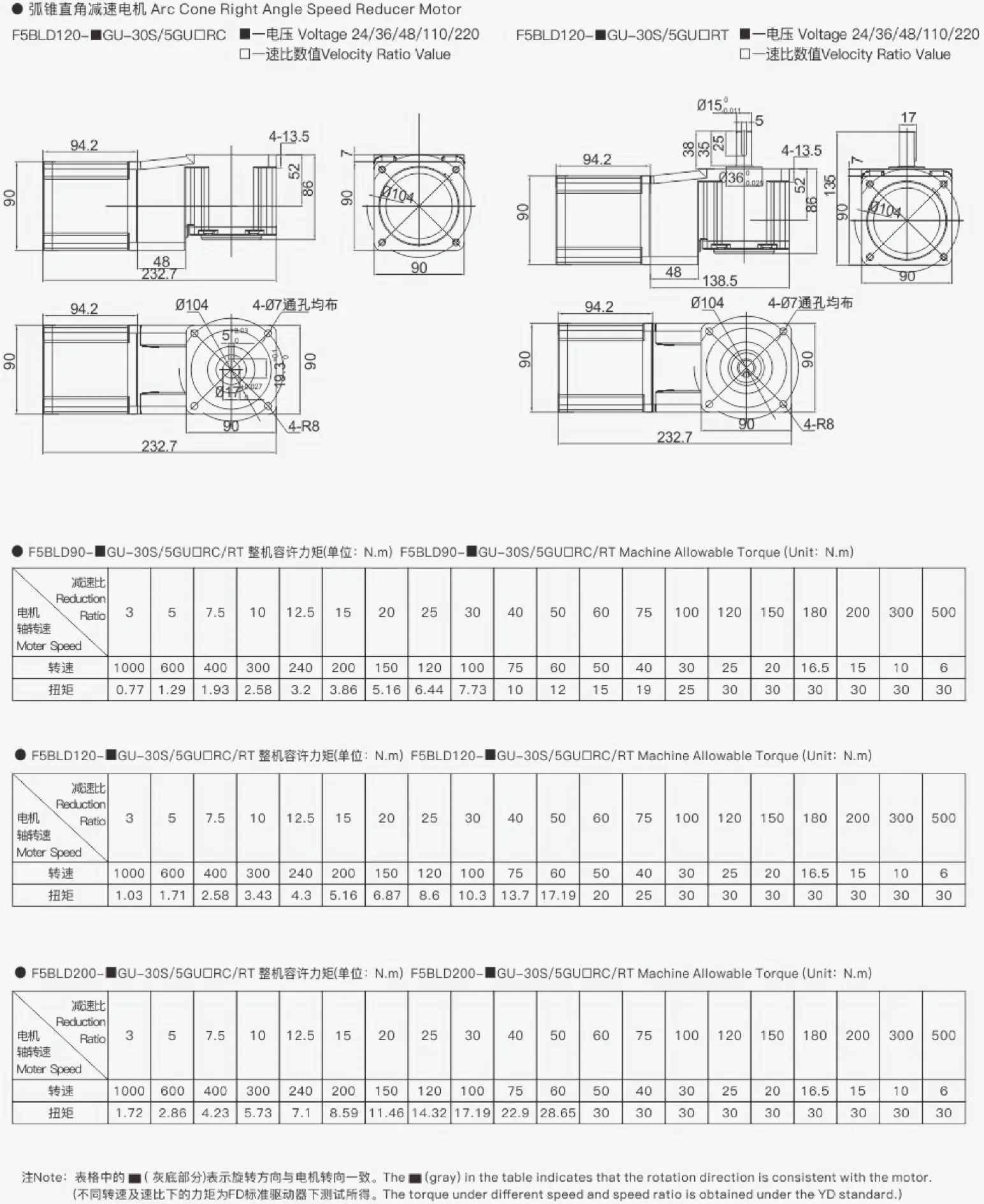 90 series DC brushless gear motor - Arc Cone Right Angle Speed Reducer Motor - Outline dimension drawings and parameters