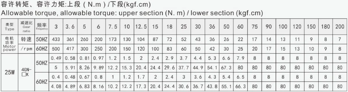 25W micro constant speed motor allowable torque, allowable torque